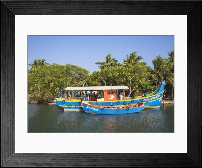 Framed Print : India, Kerala, Kollam, Fishing trawlers on Backwaters