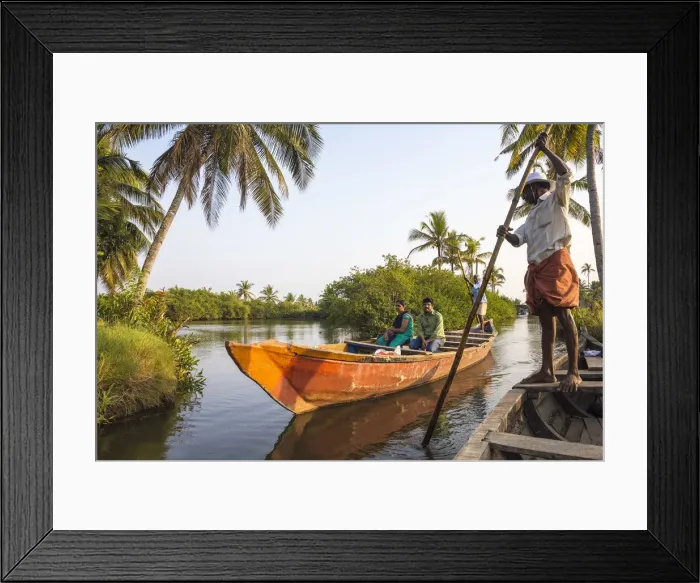 Framed Print : India, Kerala, Kollam, Munroe Island, Dug out canoe ride on backwaters