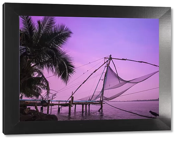 India, Kerala, Cochin - Kochi, Fort Kochi, Chinese fishing nets at sunrise