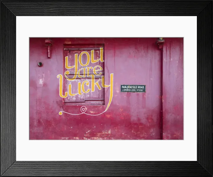 Framed Print : India, Kerala, Cochin - Kochi, Mattancherry, red building with You are lucky painted Framed Print : India, Kerala, Cochin - Kochi, Mattancherry, red building with You are lucky painted