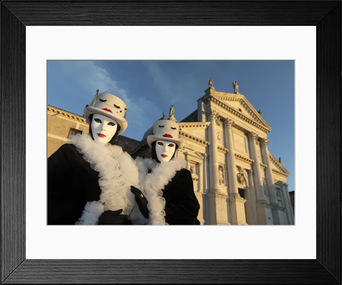 Framed Print : Two women pose in identical costumes during the Venice Carnival, San Giorgio Maggiore Framed Print : Two women pose in identical costumes during the Venice Carnival, San Giorgio Maggiore