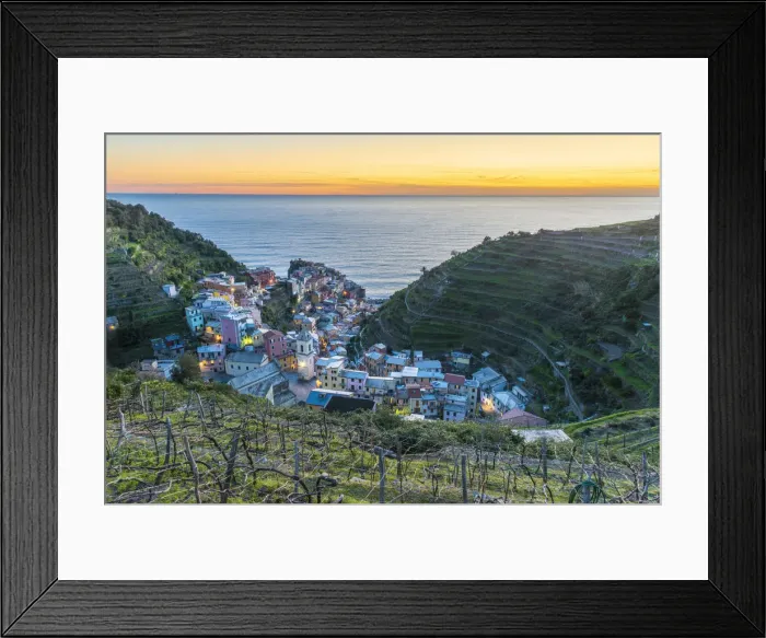 Framed Print : Europe, Italy, Liguria. View over the Cinque Terre village Manarola at sunset Framed Print : Europe, Italy, Liguria. View over the Cinque Terre village Manarola at sunset