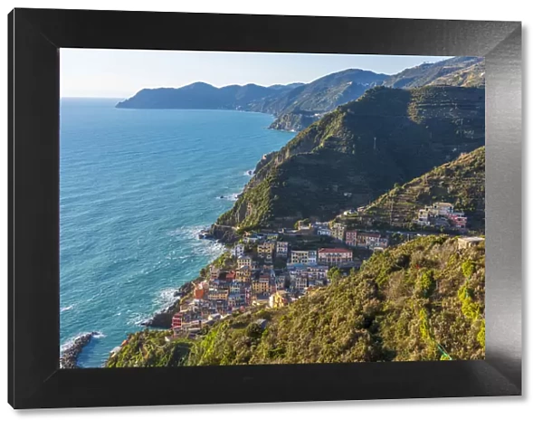 Europe, Italy, Liguria. View over the coast of the Cinque Terre and Riomaggiore
