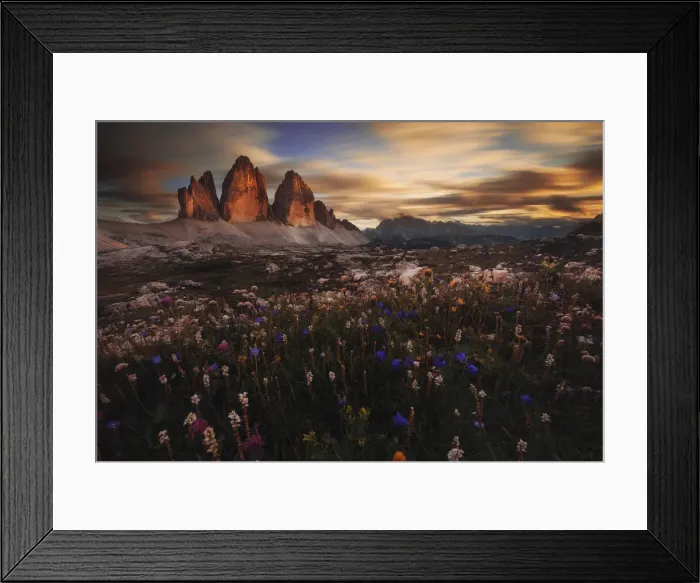 Framed Print : Tre Cime di Lavaredo in summer at sunset, Dolomites, Italy Framed Print : Tre Cime di Lavaredo in summer at sunset, Dolomites, Italy