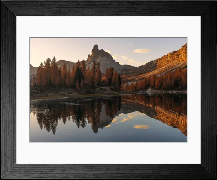 Framed Print : Federa lake in autumn surrounded by larches at sunrise, Dolomites, Italy Framed Print : Federa lake in autumn surrounded by larches at sunrise, Dolomites, Italy