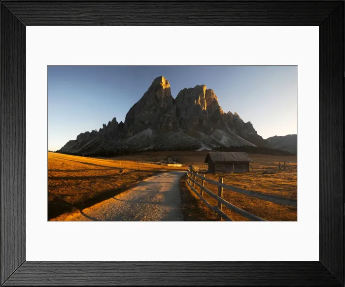 Framed Print : Road to the Sass de Putia during a fall sunset, Dolomites, Italy Framed Print : Road to the Sass de Putia during a fall sunset, Dolomites, Italy