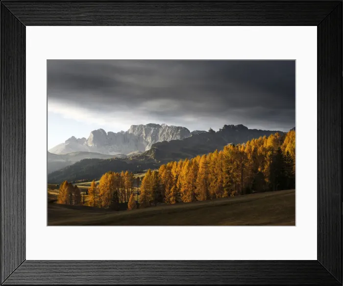 Framed Print : Autumn sunrise at the Alpe di Siusi (Seiser Alm) in the Dolomites, Italy