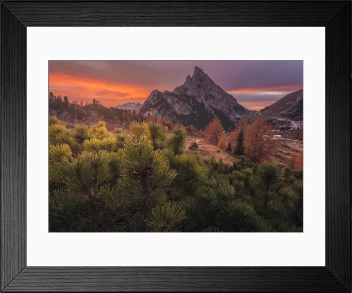 Framed Print : Autumn sunset over the Sass de Stria and the Falzarego Pass in the Dolomites, Italy Framed Print : Autumn sunset over the Sass de Stria and the Falzarego Pass in the Dolomites, Italy