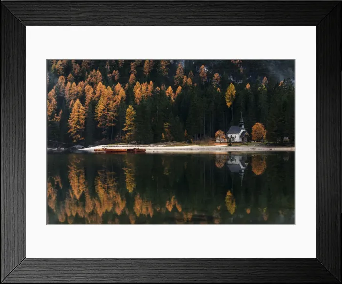 Framed Print : Rainy afternoon at the Braies lake in autumn, Dolomites, Italy Framed Print : Rainy afternoon at the Braies lake in autumn, Dolomites, Italy