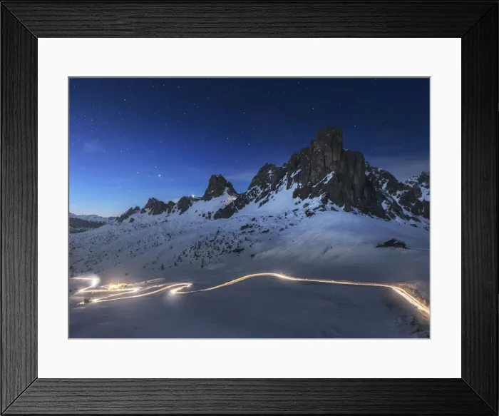Framed Print : Car trail at dusk over the Giau Pass in the Dolomites, Italy