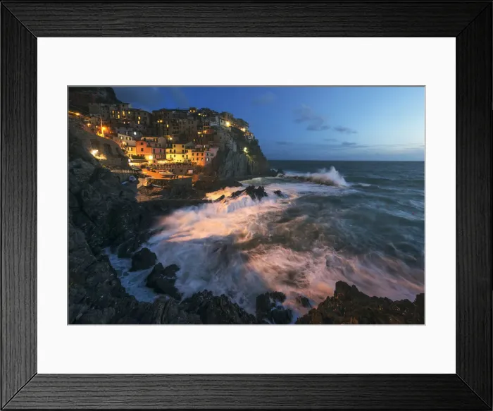Framed Print : Coastal town of Manarola at blue hour, Cinque Terre, Liguria, Italy