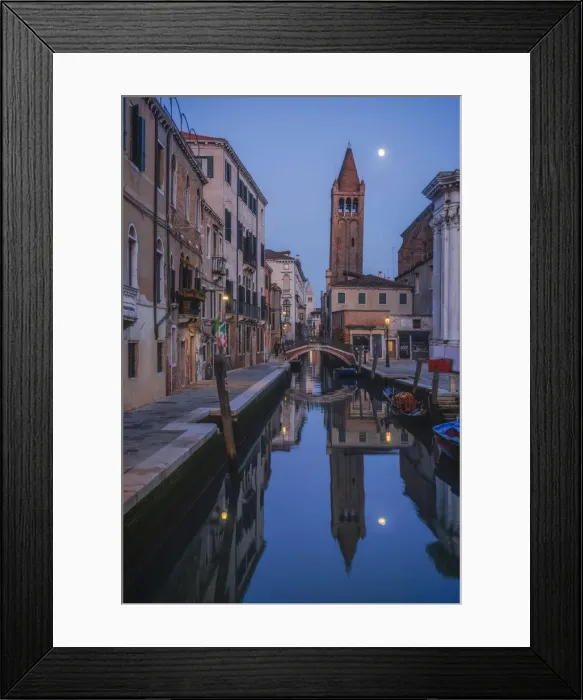 Framed Print : Leaning tower at dusk with moonrise in Venice, Italy Framed Print : Leaning tower at dusk with moonrise in Venice, Italy