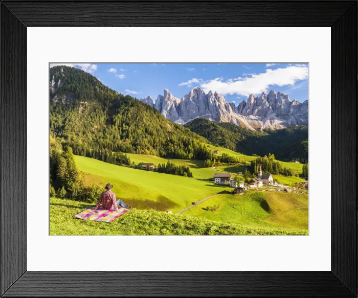 Framed Print : Man enjoying the view over St. Magdalena in Autumn, Val di Funes, Dolomites, South Tyrol Framed Print : Man enjoying the view over St. Magdalena in Autumn, Val di Funes, Dolomites, South Tyrol
