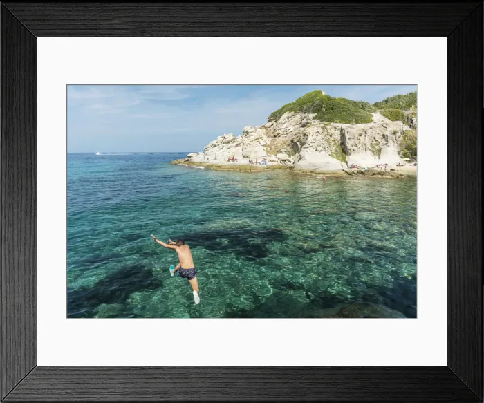 Framed Print : europe, Italy, Tuscany, cliffjumping near to Cotoncello on Elba Island Framed Print : europe, Italy, Tuscany, cliffjumping near to Cotoncello on Elba Island
