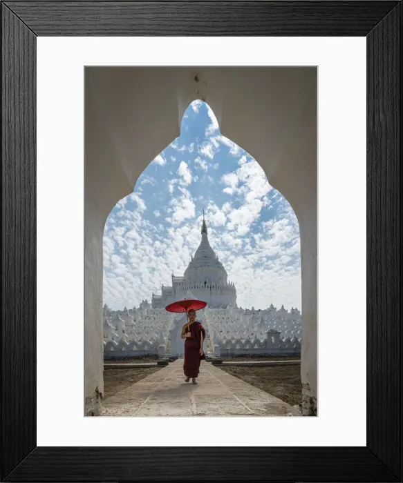 Framed Print : Novice monk walking with an umbrella at Hsinbyume pagoda, Mingun, Mandalay Framed Print : Novice monk walking with an umbrella at Hsinbyume pagoda, Mingun, Mandalay