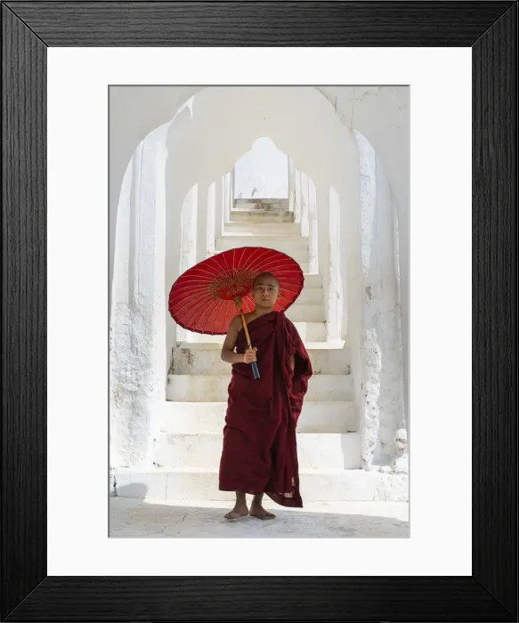 Framed Print : Novice monk with an umbrella standing at staircase hallway at Hsinbyume pagoda, Mingun Framed Print : Novice monk with an umbrella standing at staircase hallway at Hsinbyume pagoda, Mingun