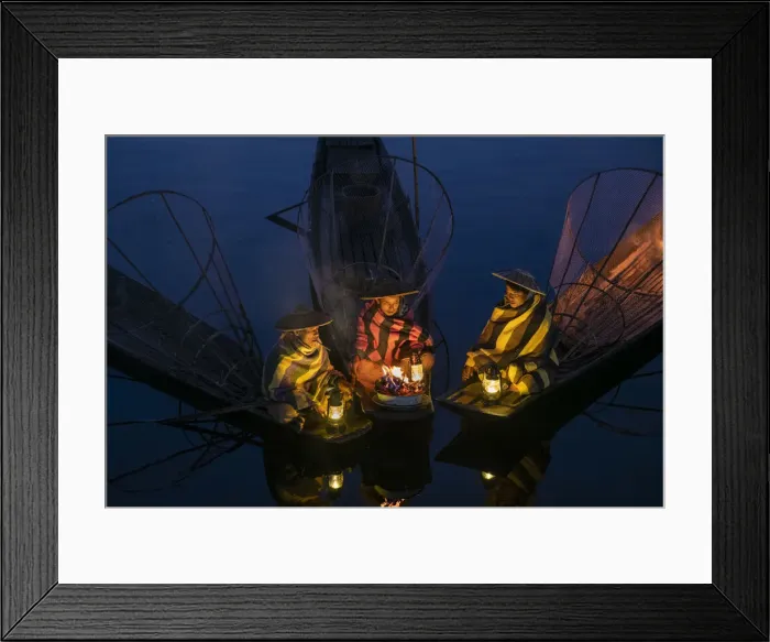 Framed Print : Three fishermen sitting on their boats warming up around a fire before sunrise, Lake Inle Framed Print : Three fishermen sitting on their boats warming up around a fire before sunrise, Lake Inle