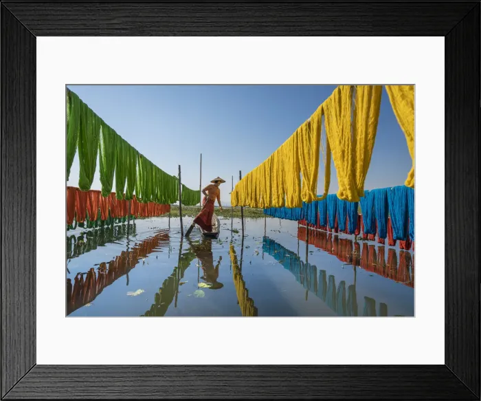 Framed Print : Woman hanging dyed yarn from a boat to dry in a traditional weaving village on Lake Inle
