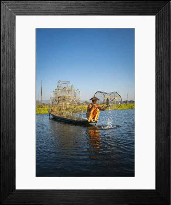 Framed Print : Traditional fisherman fishing on Lake Inle using cylinder fishing nets, Lake Inle Framed Print : Traditional fisherman fishing on Lake Inle using cylinder fishing nets, Lake Inle
