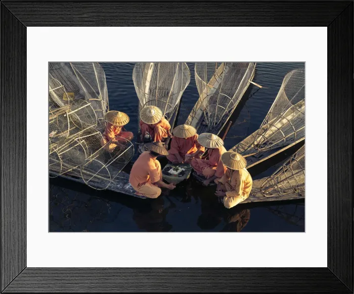 Framed Print : High angle view of traditional fishermen on Lake Inle having a supper on boats together Framed Print : High angle view of traditional fishermen on Lake Inle having a supper on boats together