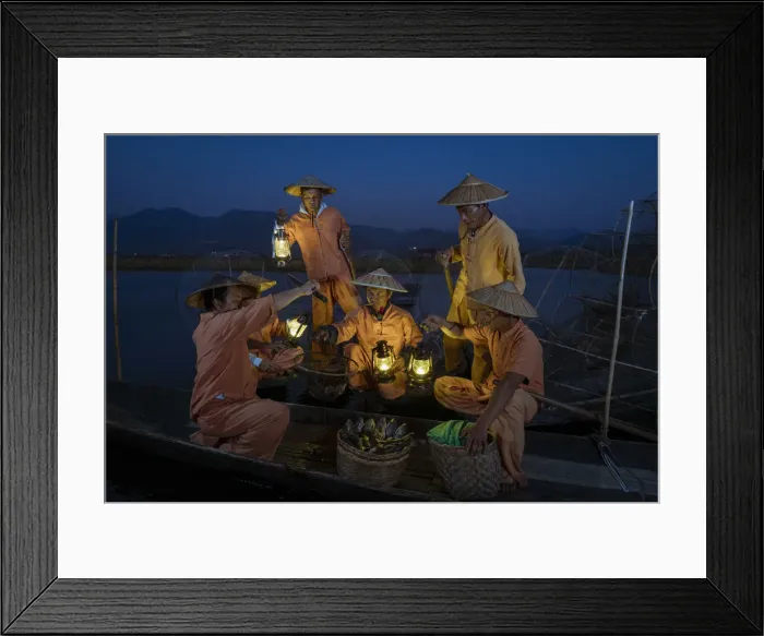 Framed Print : Traditional fishermen on Lake Inle having a supper on boats together at night, Lake Inle Framed Print : Traditional fishermen on Lake Inle having a supper on boats together at night, Lake Inle