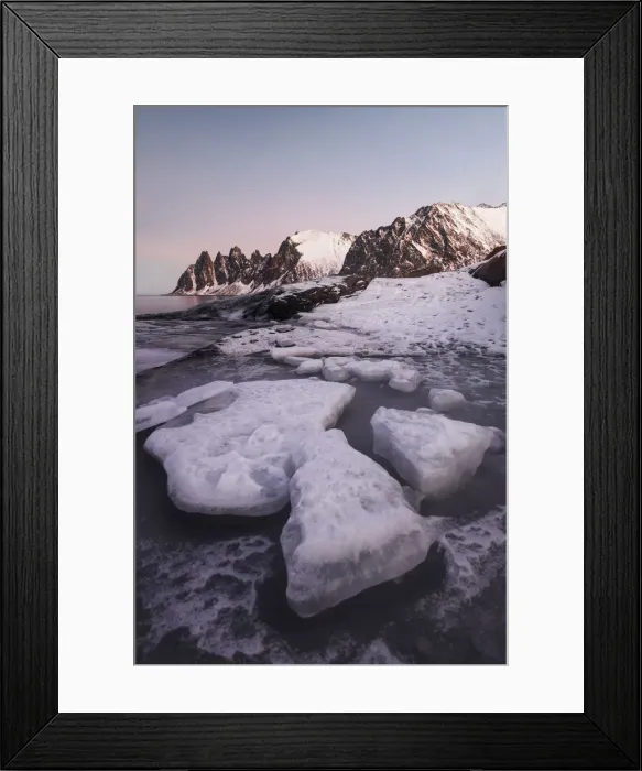 Framed Print : Tungeneset and the Okshornan Peaks during a winter sunrise, Senja Island, Norway Framed Print : Tungeneset and the Okshornan Peaks during a winter sunrise, Senja Island, Norway
