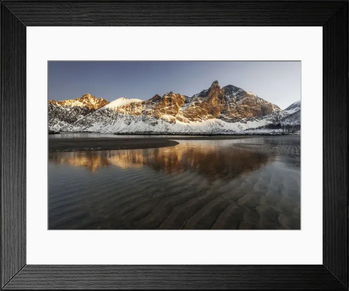 Framed Print : Fjord peaks bathed in morning light in Senja island, Norway