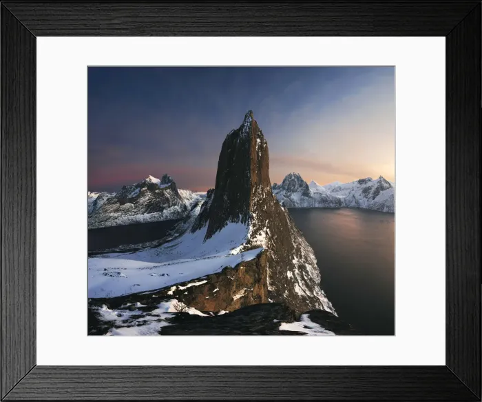 Framed Print : Segla mountain rising above the fjord during a winter sunset, Senja island, Norway Framed Print : Segla mountain rising above the fjord during a winter sunset, Senja island, Norway