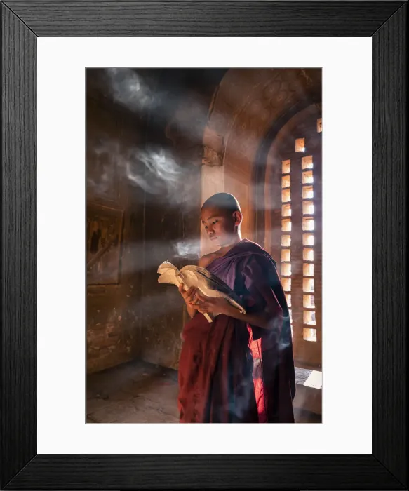 Framed Print : A young monk reading by a window inside a temple, UNESCO, Bagan, Mandalay Region, Myanmar Framed Print : A young monk reading by a window inside a temple, UNESCO, Bagan, Mandalay Region, Myanmar