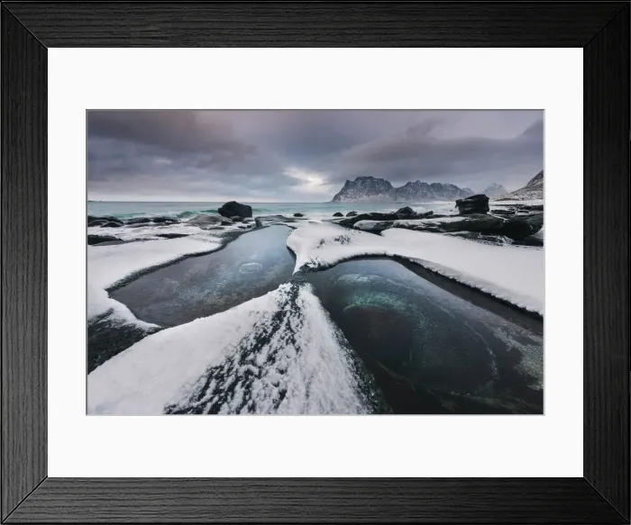 Framed Print : Uttakleiv beach after an heavy snowfall in Lofoten islands, Norway Framed Print : Uttakleiv beach after an heavy snowfall in Lofoten islands, Norway