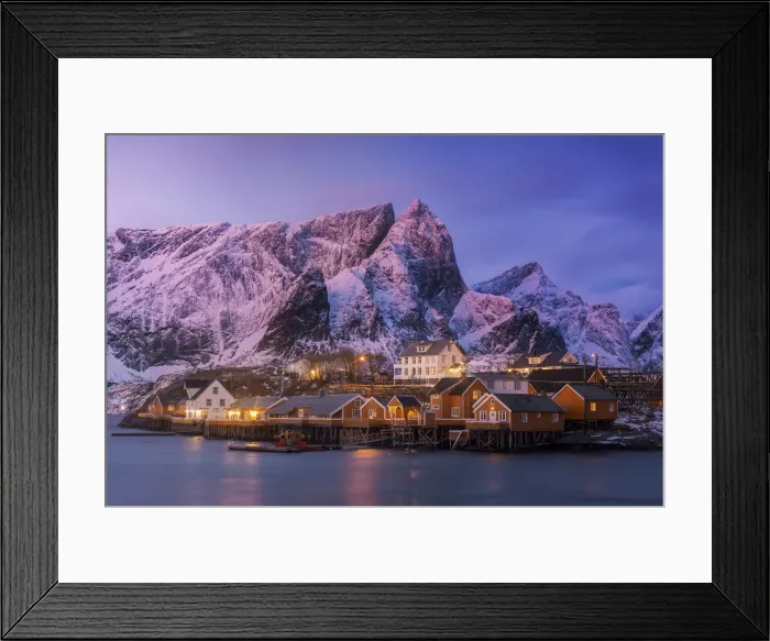 Framed Print : Fishermens cabins (rorbuer) of Sakrisoy along the coast at sunrise in the Lofoten Framed Print : Fishermens cabins (rorbuer) of Sakrisoy along the coast at sunrise in the Lofoten