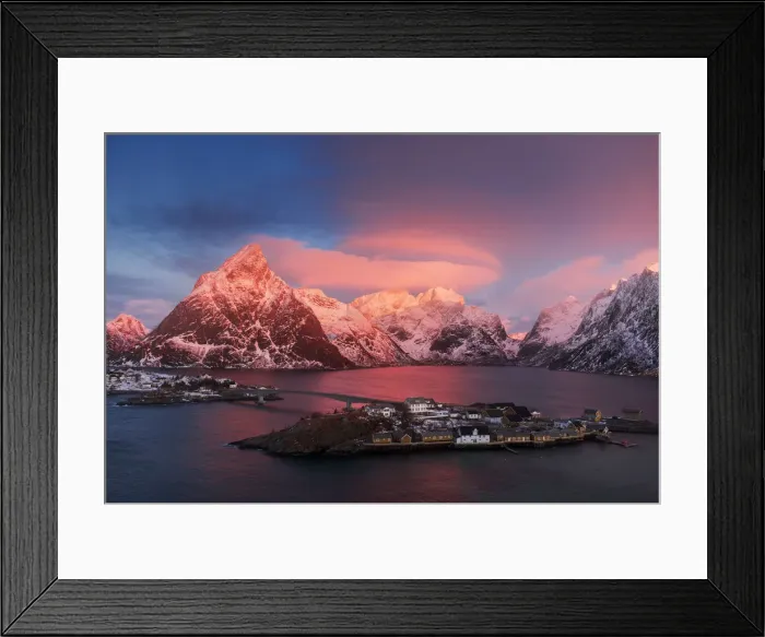 Framed Print : Elevated view of Sakrisoy along the coast at sunrise in the Lofoten islands, Norway