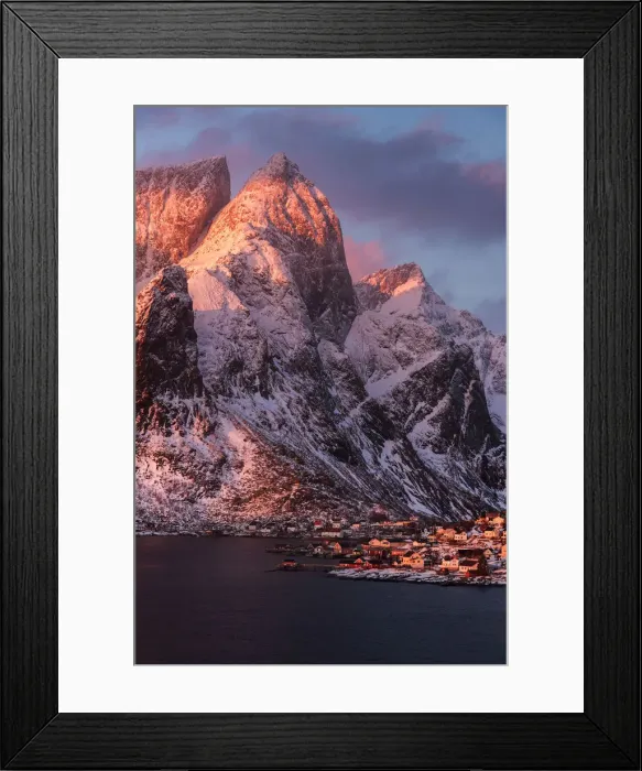 Framed Print : Elevated view of Reine along the coast at sunrise in the Lofoten islands, Norway Framed Print : Elevated view of Reine along the coast at sunrise in the Lofoten islands, Norway