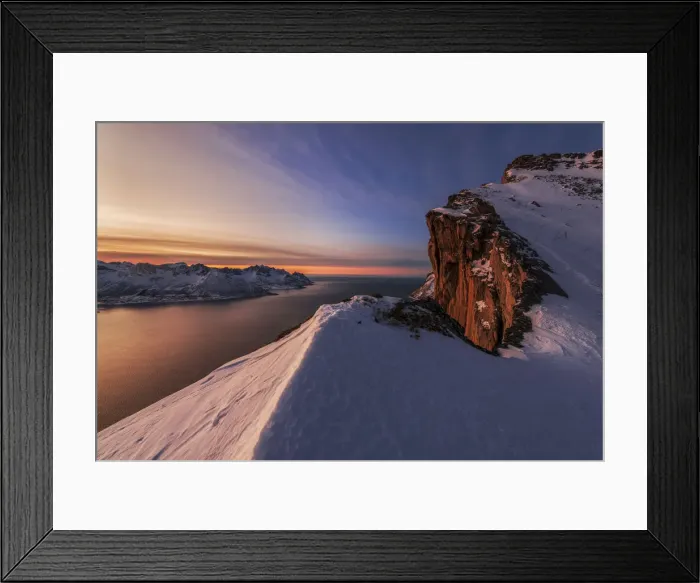 Framed Print : View from Mt. Hesten, above the fjord during a winter sunset, Senja island, Norway Framed Print : View from Mt. Hesten, above the fjord during a winter sunset, Senja island, Norway