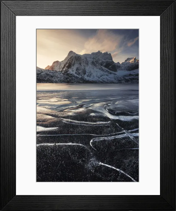 Framed Print : Frozen lake near Nusfjord in the Lofoten islands, Norway Framed Print : Frozen lake near Nusfjord in the Lofoten islands, Norway