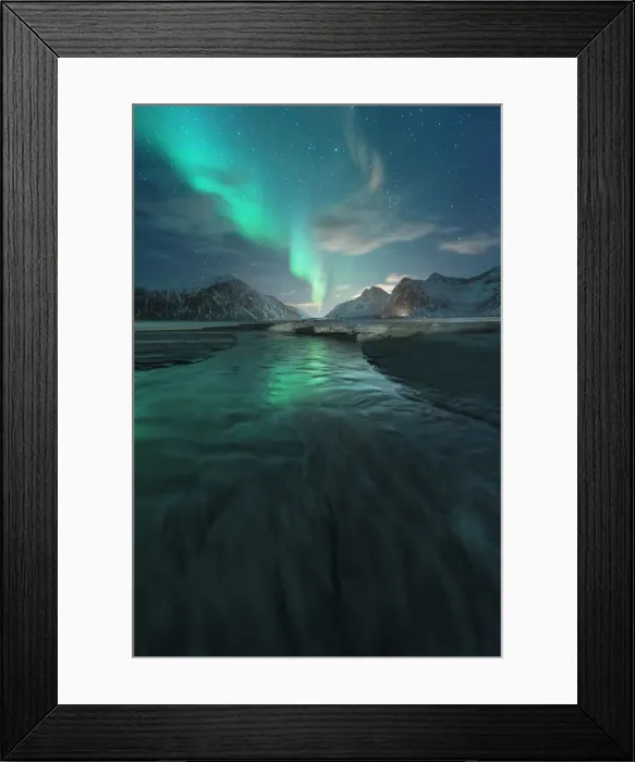 Framed Print : Northern lights over Skagsanden beach in the Lofoten islands, Norway