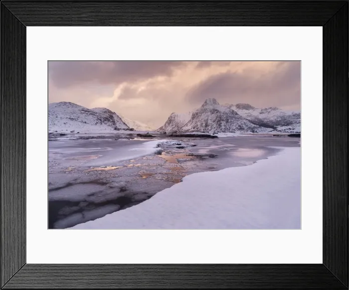 Framed Print : Partly frozen fjord during winter in the Lofoten islands, Norway Framed Print : Partly frozen fjord during winter in the Lofoten islands, Norway