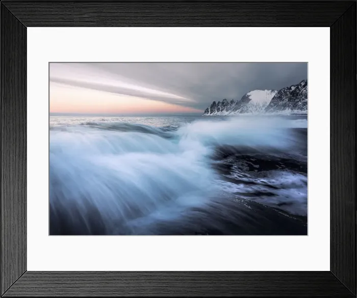 Framed Print : Tungeneset and the Okshornan Peaks during a winter sunrise, Senja Island, Norway Framed Print : Tungeneset and the Okshornan Peaks during a winter sunrise, Senja Island, Norway