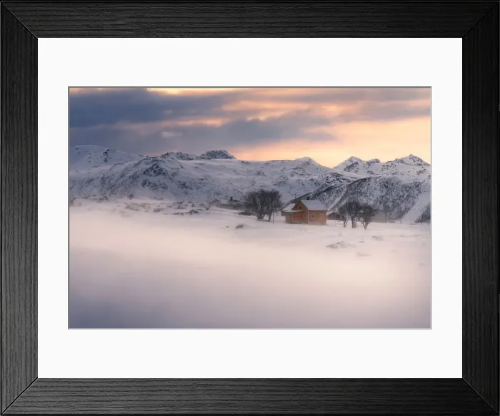 Framed Print : Lone cabin during a windy winter sunset in Lofoten islands, Norway Framed Print : Lone cabin during a windy winter sunset in Lofoten islands, Norway