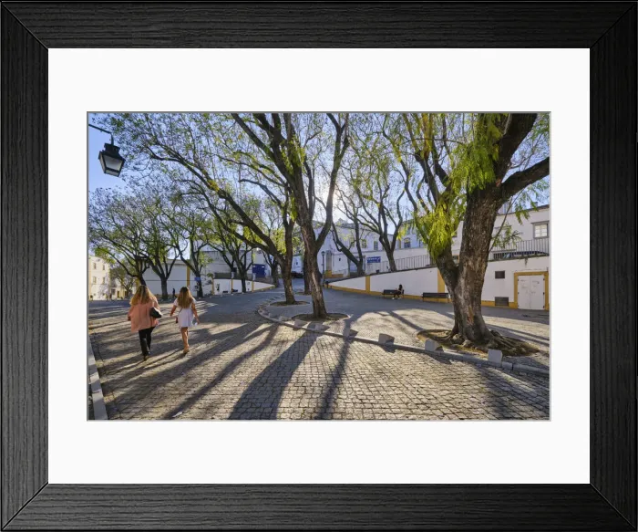 Framed Print : Tranquil little square in the old town of Evora with jacaranda trees Framed Print : Tranquil little square in the old town of Evora with jacaranda trees