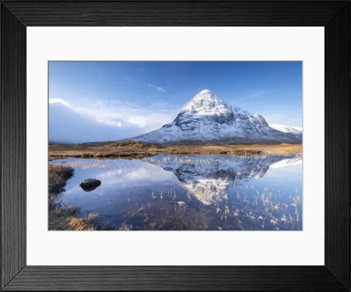 Framed Print : Buachaille Etive Beag mountain and reflection, Glencoe, Scotland. Winter Framed Print : Buachaille Etive Beag mountain and reflection, Glencoe, Scotland. Winter