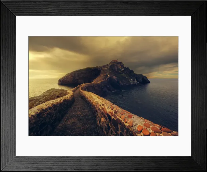 Framed Print : Pathway to San Juan de Gatzelugaxte at sunset, Basque Country, Spain Framed Print : Pathway to San Juan de Gatzelugaxte at sunset, Basque Country, Spain