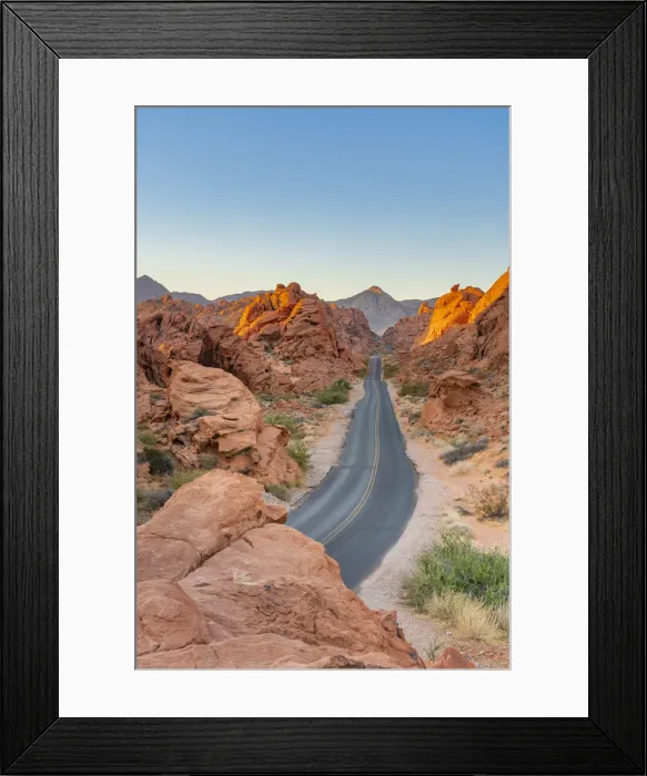 Framed Print : Straight road between red rocks at sunrise, Valley of Fire State Park, Nevada Framed Print : Straight road between red rocks at sunrise, Valley of Fire State Park, Nevada