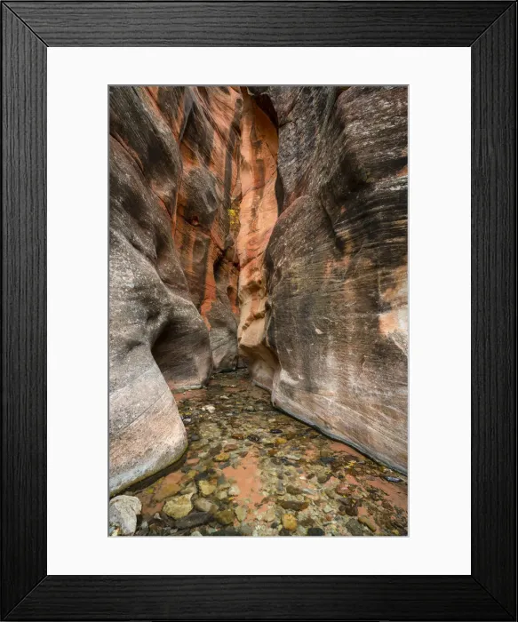 Framed Print : Kanarra Creek hiking trail through slot canyon, Kolob Canyons section of Zion National