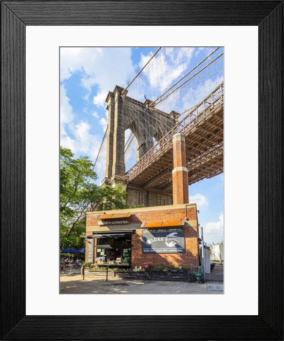 Framed Print : Lukes Lobster restaurant with Brooklyn Bridge in the background, Brooklyn Framed Print : Lukes Lobster restaurant with Brooklyn Bridge in the background, Brooklyn
