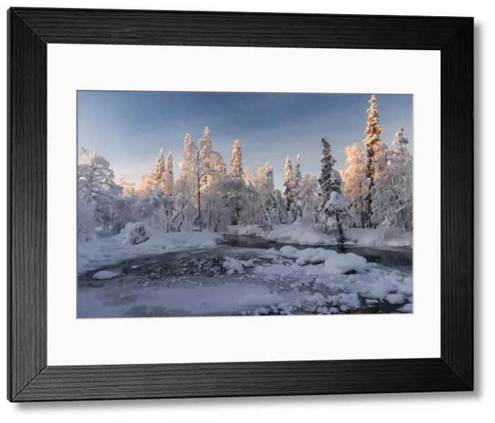 Framed Print : Partly frozen river in Akasmylly, Yllastunturi National Park, Lapland, Finland