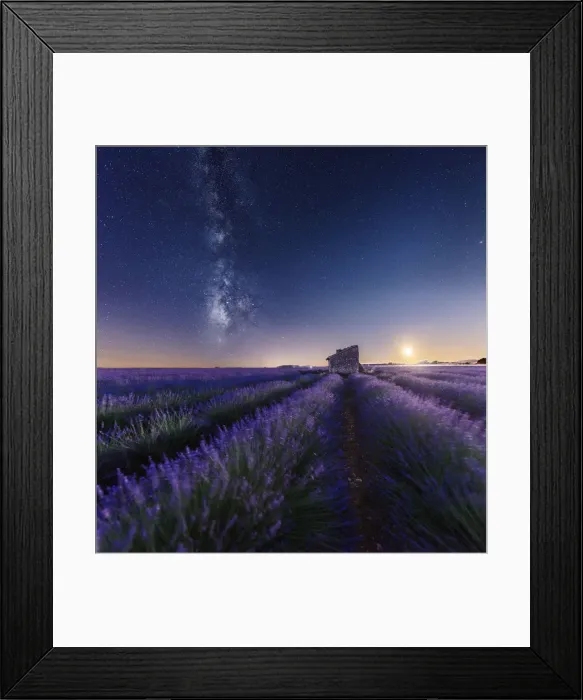 Framed Print : Moonset and milky way over an abandoned farmhouse in the middle of lavenders fields