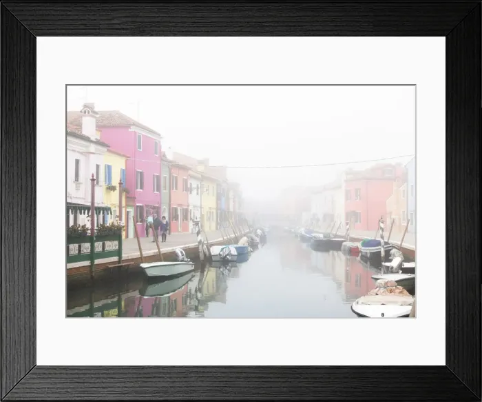 Framed Print : Colorful houses in Burano with canal and moored boats in the fog, Venice, Venetian lagoon Framed Print : Colorful houses in Burano with canal and moored boats in the fog, Venice, Venetian lagoon