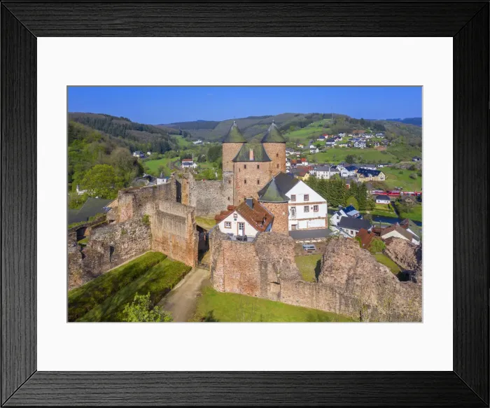 Framed Print : Aerial view on Bertradaburg castle, Murlenbach, Eifel, Rhineland-Palatinate, Germany Framed Print : Aerial view on Bertradaburg castle, Murlenbach, Eifel, Rhineland-Palatinate, Germany