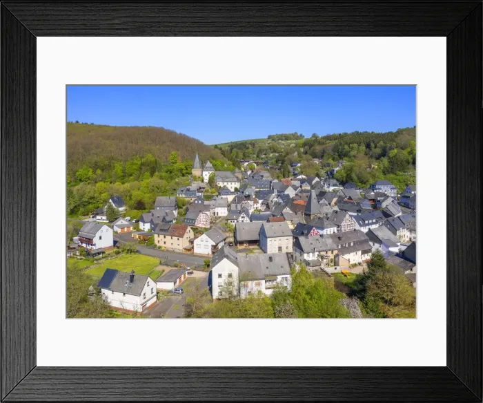Framed Print : Aerial view on the medival village of Herrstein, Hunsruck, Rhineland-Palatinate, Germany Framed Print : Aerial view on the medival village of Herrstein, Hunsruck, Rhineland-Palatinate, Germany